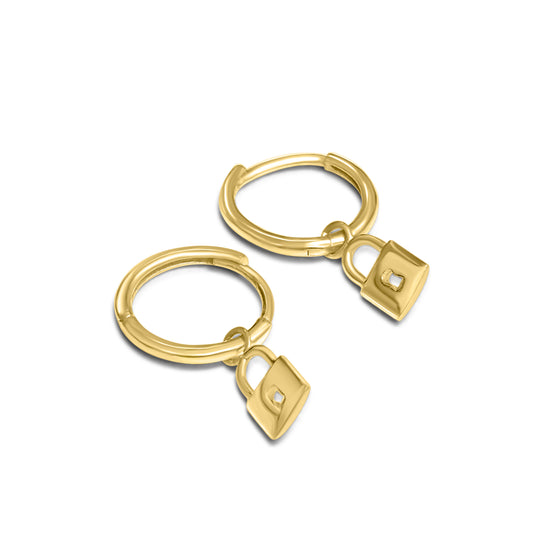 14K Lock Huggies Dangle Earrings